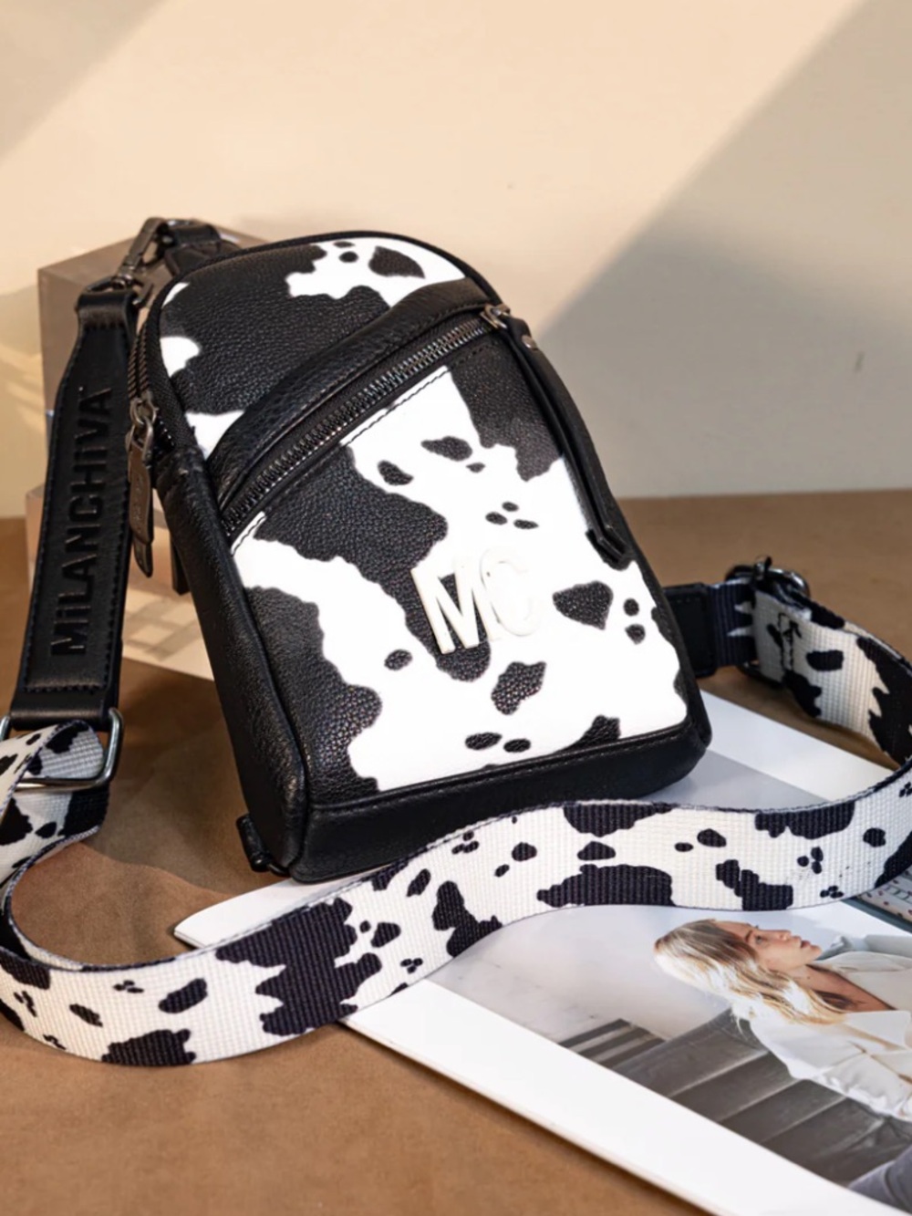 Cow-Print Sling Crossbody Bag in Black & White - Picture 3 of 9